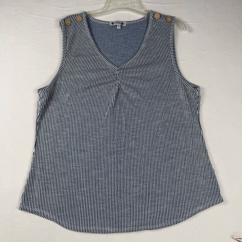 Wilde Striped Tank Top 3X Blue White Coastal Nautical Preppy Button V-Neck
